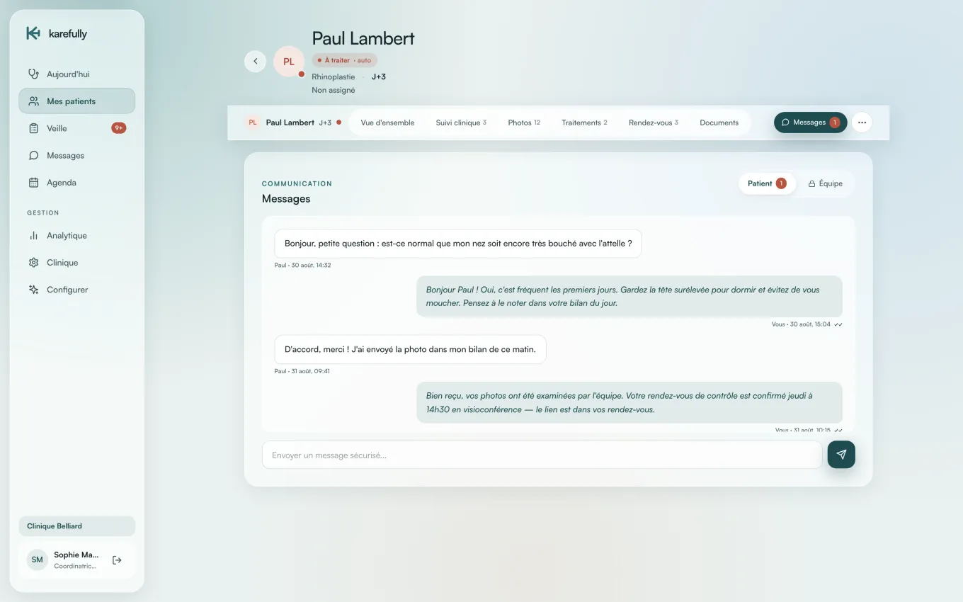 Dossier patient, onglet Messages — échange avec le patient, accusés de lecture et rendez-vous de contrôle en visioconférence