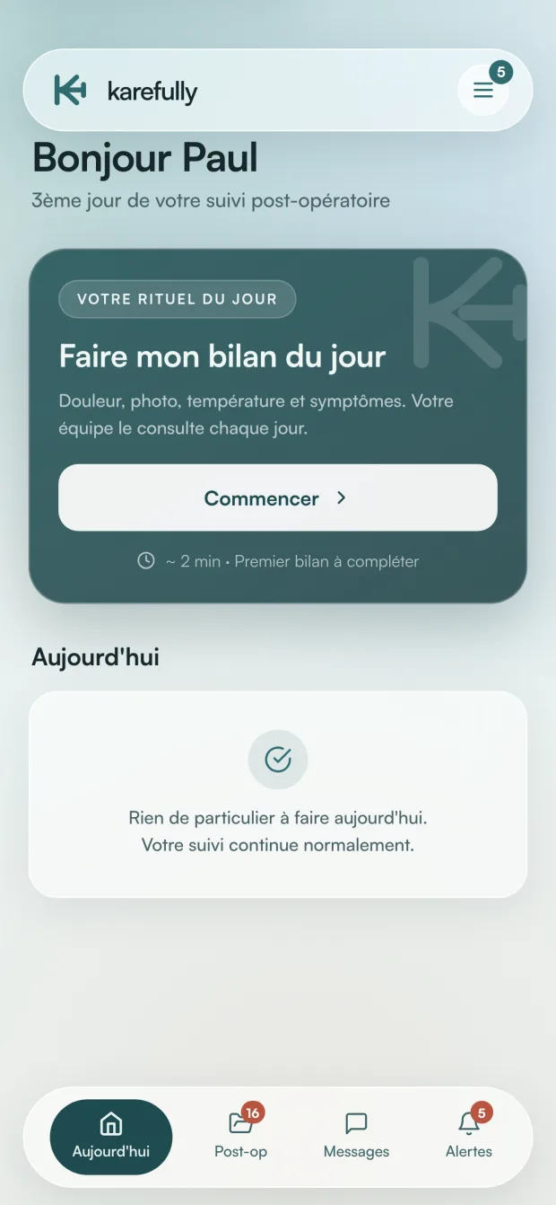 Portail patient Karefully — accueil post-opératoire, bilan du jour