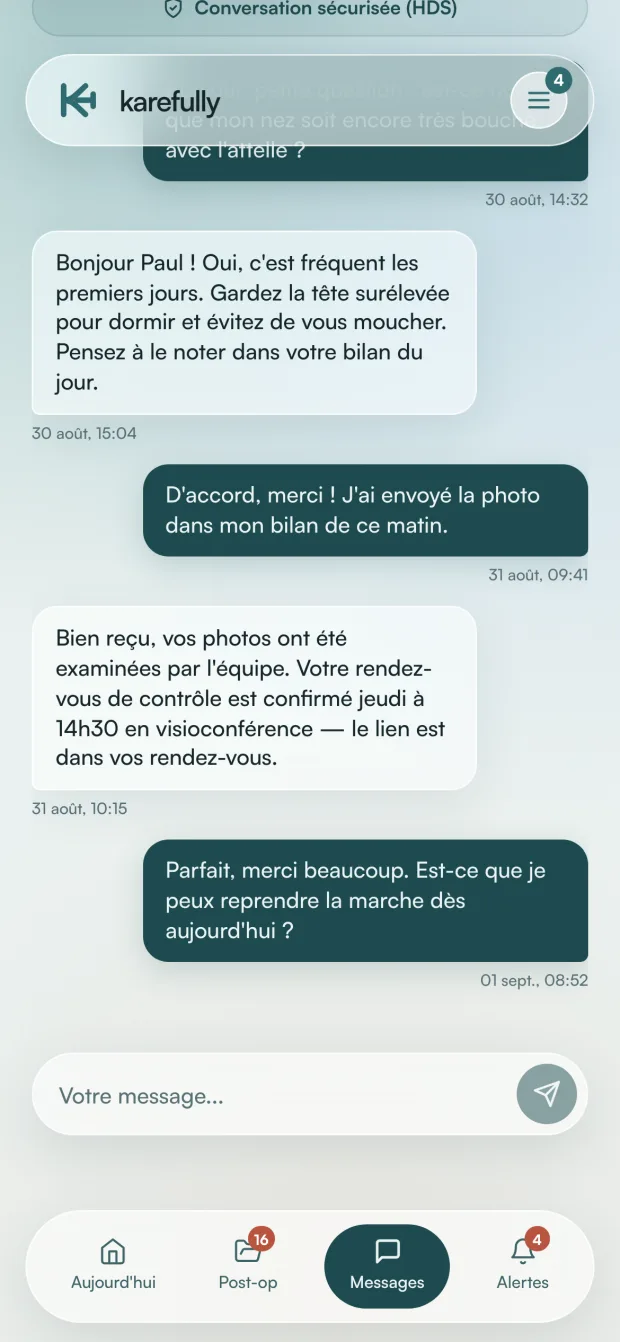 Messagerie patient — conversation sécurisée (HDS) avec l'équipe soignante